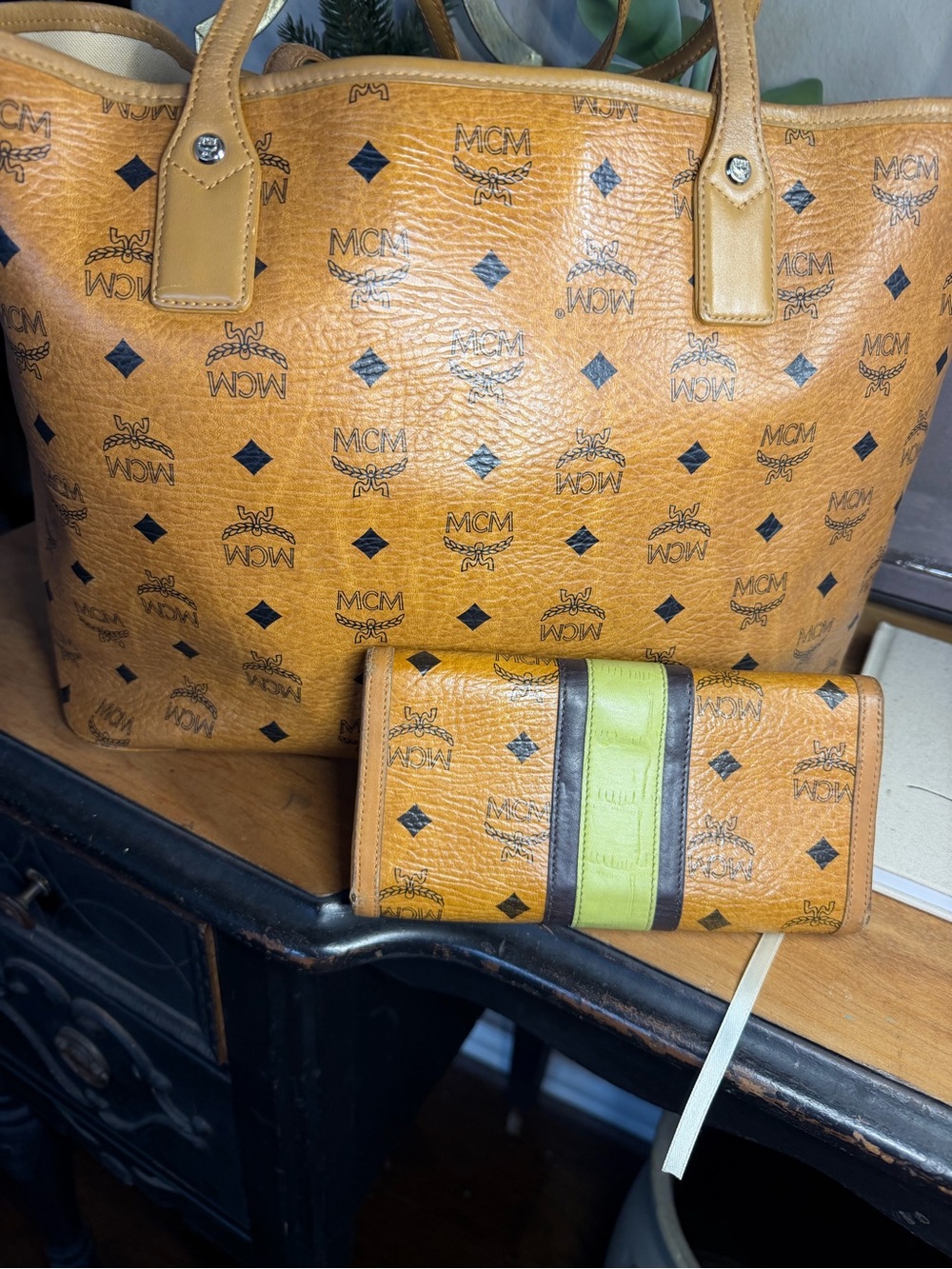MCM Cognac Visetos Tote with Lime Accent w/matching wallet - Picture 7 of 10